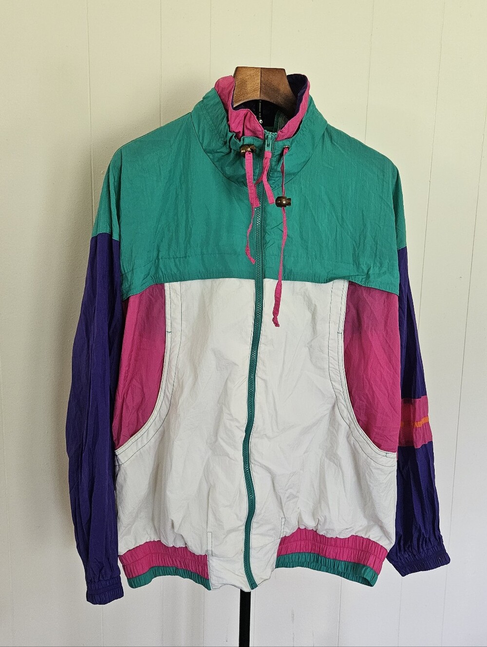River Edge Colorblock Windbreaker Jacket - Teal, White & Pink Size Large